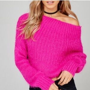Main Strip Off The Shoulder Balletcore Pink Slouchy Fuzzy Sweater Size M